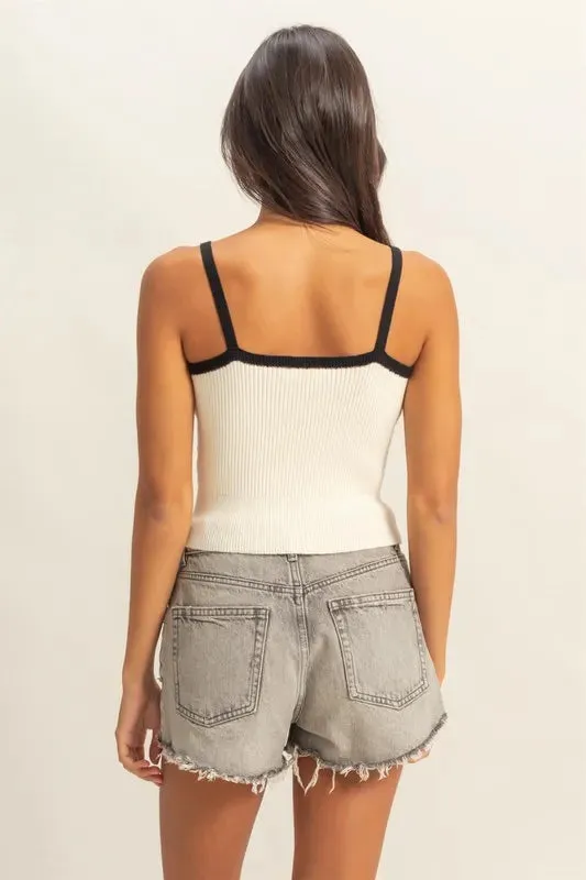 Black Trim Contrast Square Neck Ribbed Knit Top