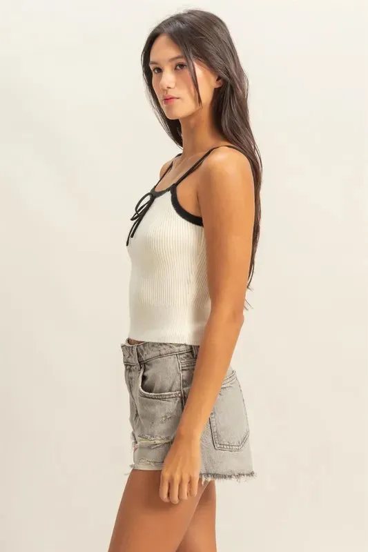 Black Trim Contrast Square Neck Ribbed Knit Top