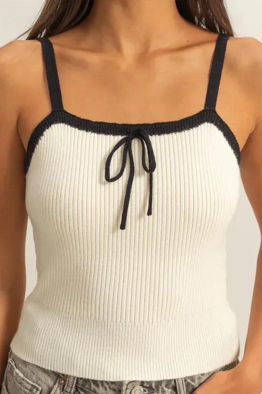 Black Trim Contrast Square Neck Ribbed Knit Top
