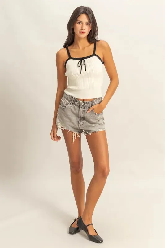 Black Trim Contrast Square Neck Ribbed Knit Top