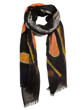 Black, yellow, burnt orange printed scarf | PORTER