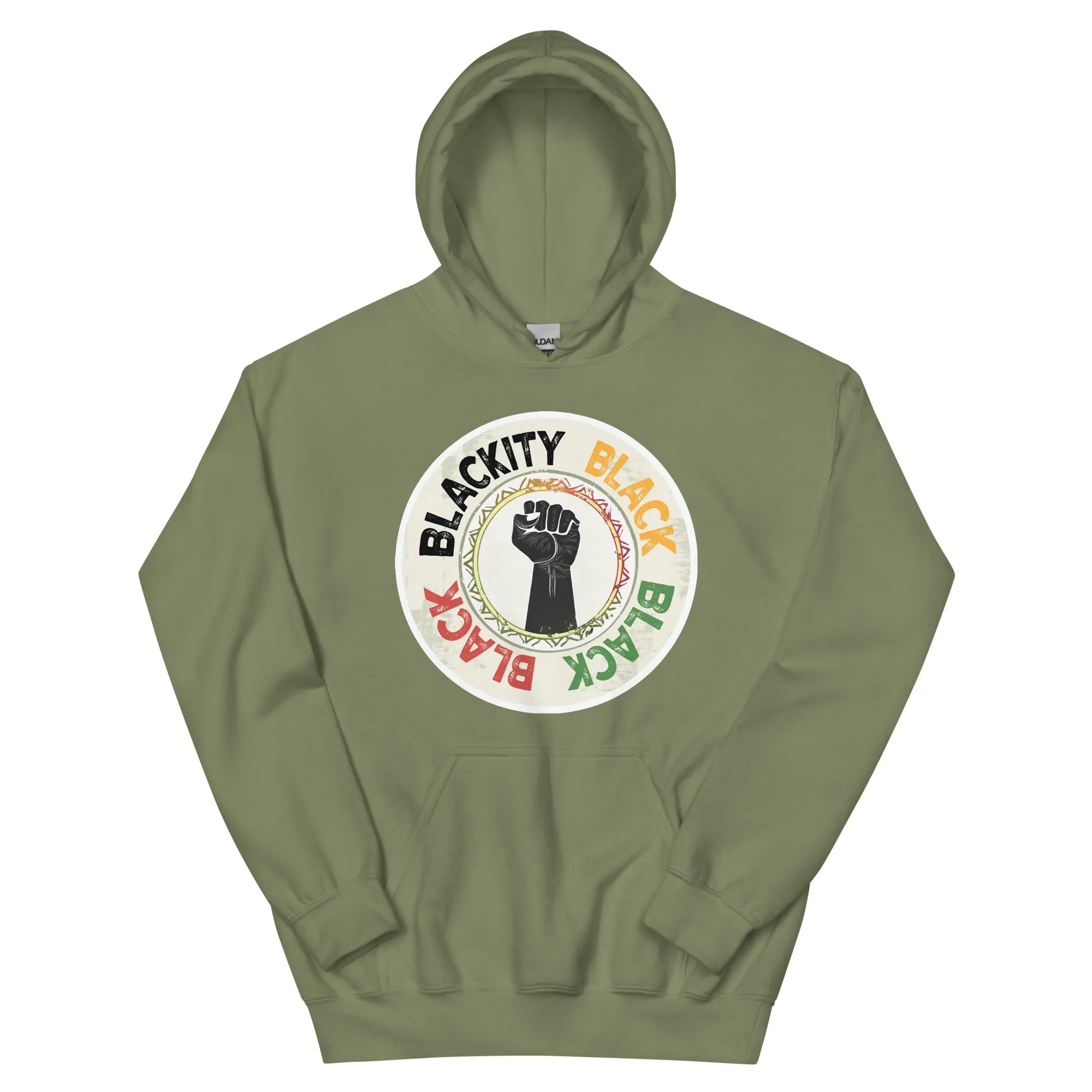 Blackity Black Hoodie - Olive Green Power Fist Streetwear Pullover