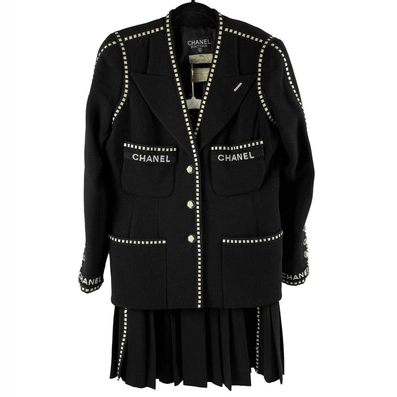 CHANEL Logo Suit Vintage Rare Camellia Button and Trim Skirt Jacket