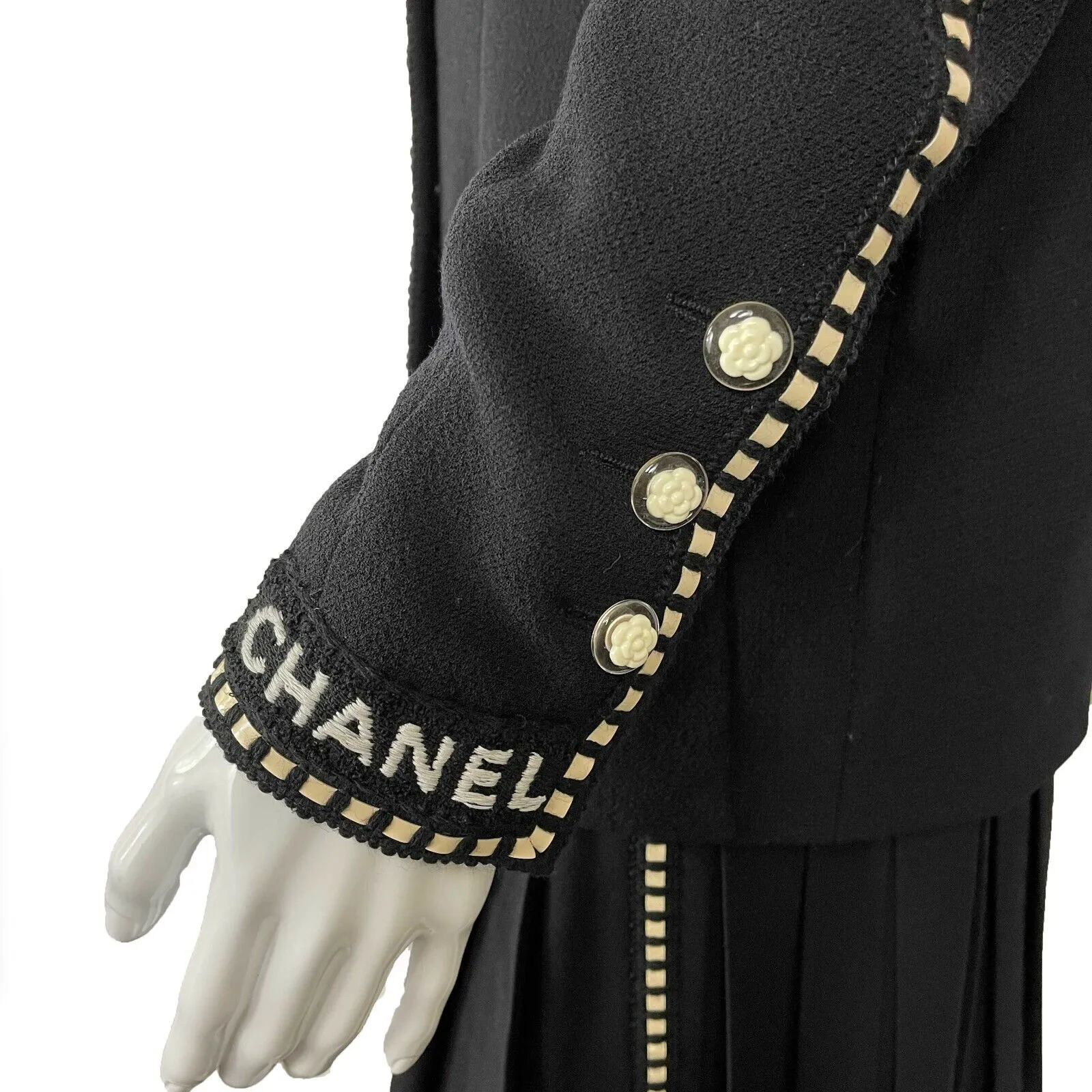 CHANEL Logo Suit Vintage Rare Camellia Button and Trim Skirt Jacket