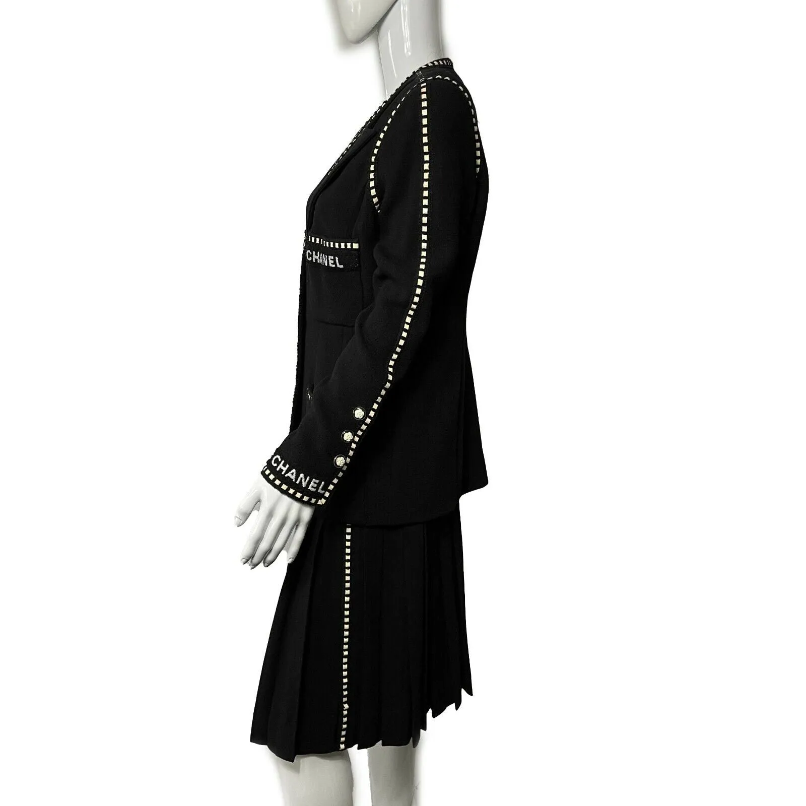 CHANEL Logo Suit Vintage Rare Camellia Button and Trim Skirt Jacket