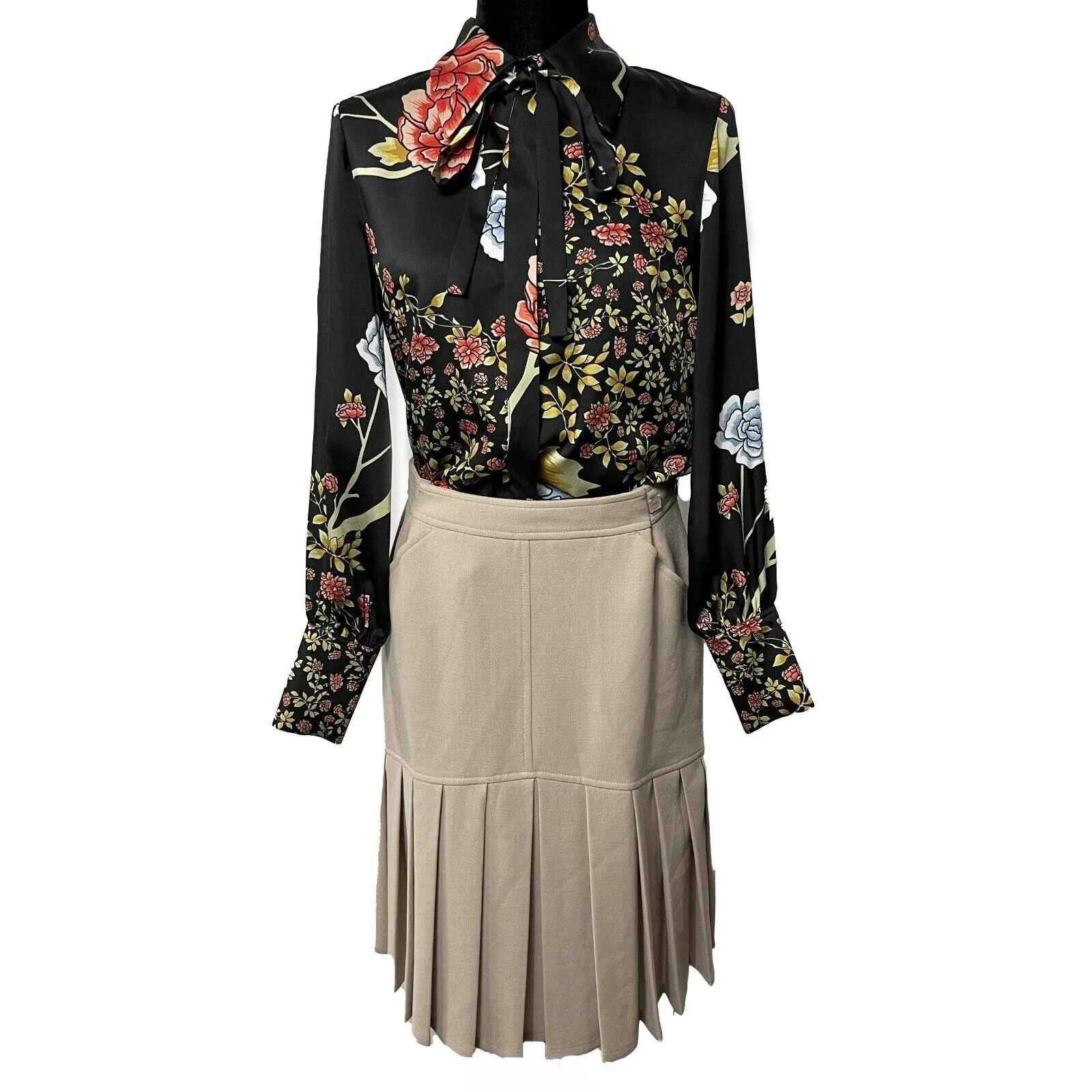 CHANEL - Wool Pleated Midi Pencil Beige Tan Skirt 03P- 42 US 10