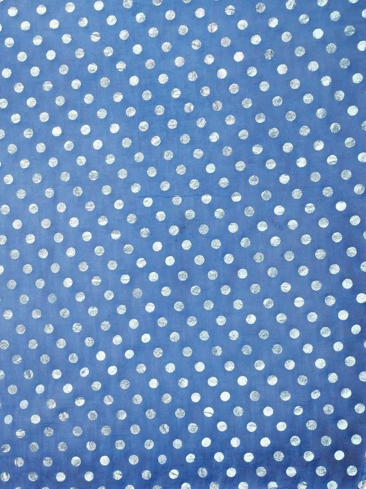 FabSeasons Casual Blue Cotton Solid Scarf with Printed Silver Polka Dots