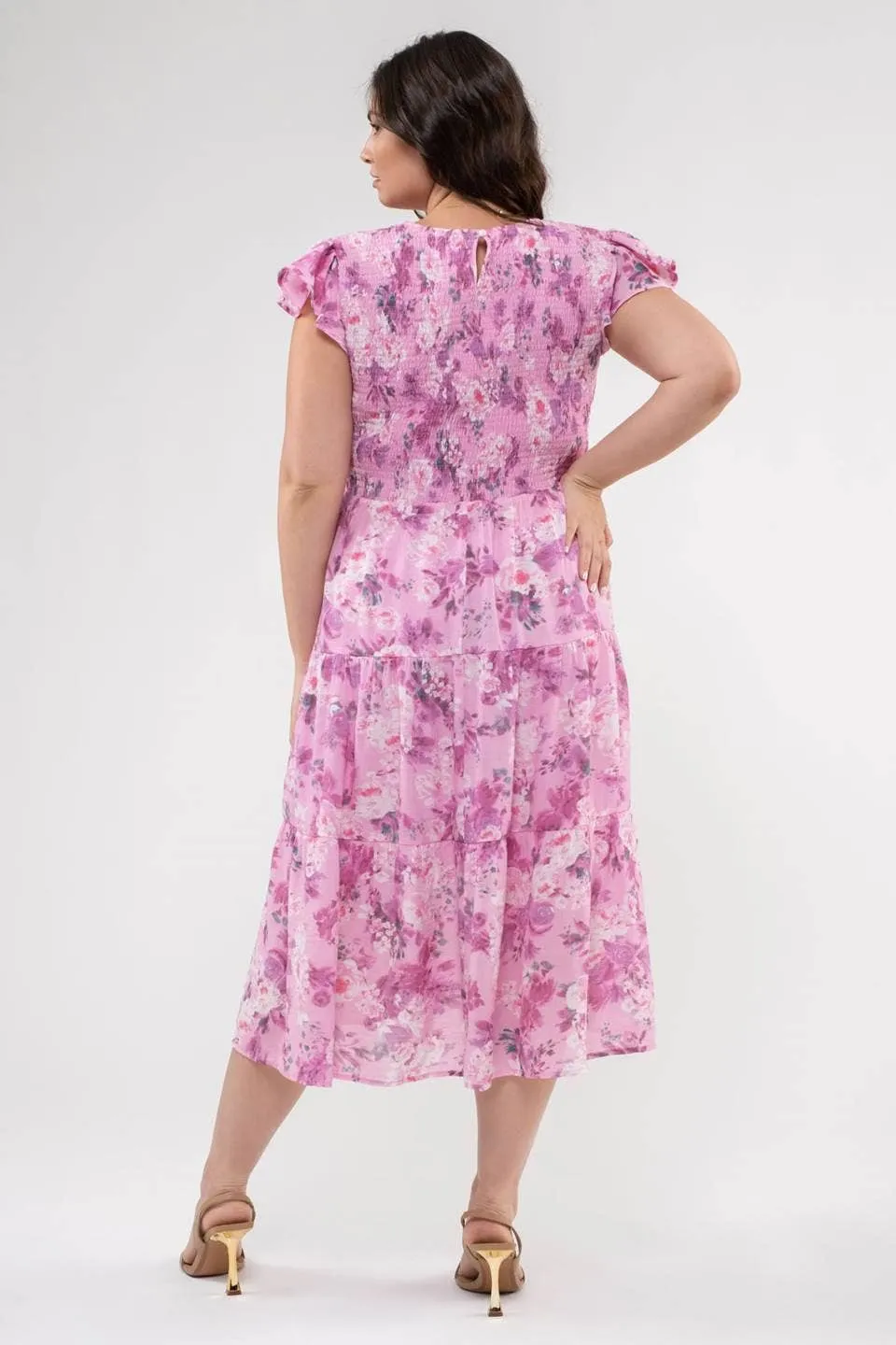 FLORAL FLUTTER SLEEVE MIDI DRESS-PLUS