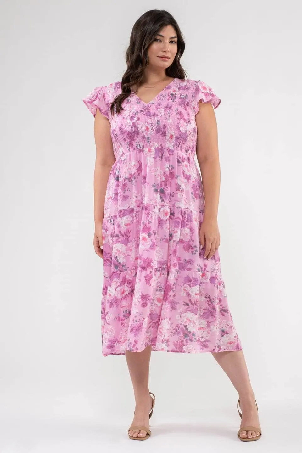 FLORAL FLUTTER SLEEVE MIDI DRESS-PLUS