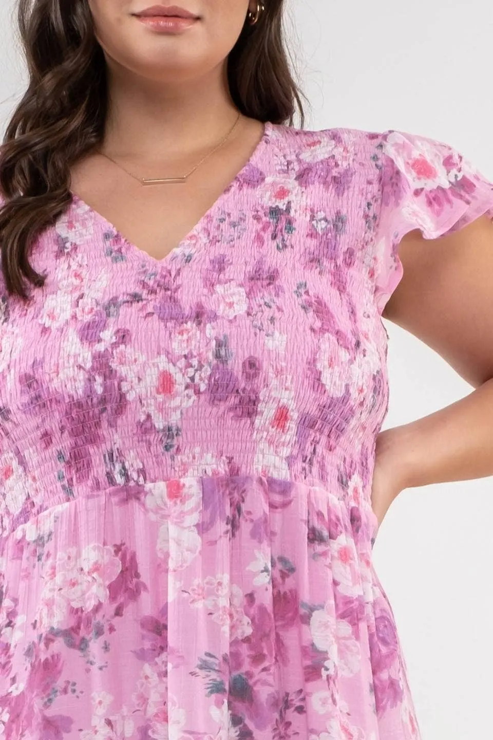 FLORAL FLUTTER SLEEVE MIDI DRESS-PLUS