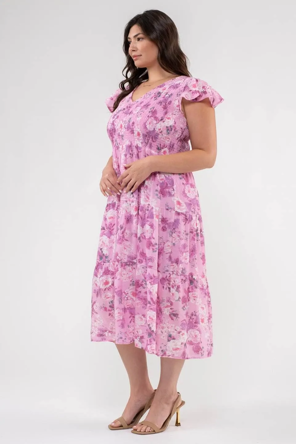 FLORAL FLUTTER SLEEVE MIDI DRESS-PLUS