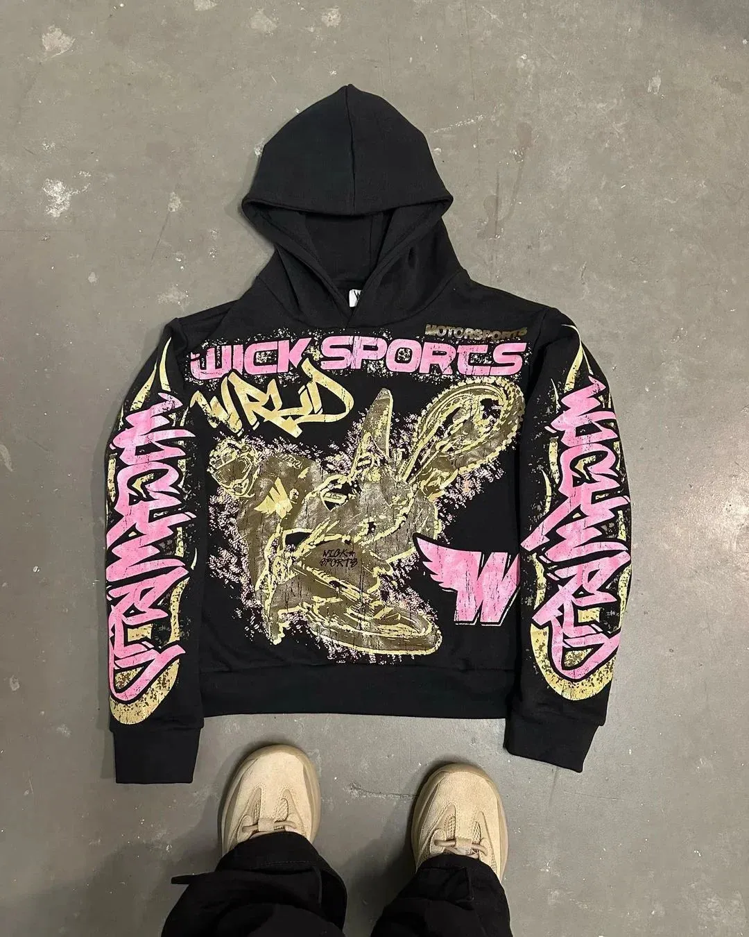 Flytonn-Harajuku Fashion Motorcycle Pattern Letter Print Pullover Hoodie Women 2024 New High Street Hip-Hop Aesthetic Popular Sweatshirt