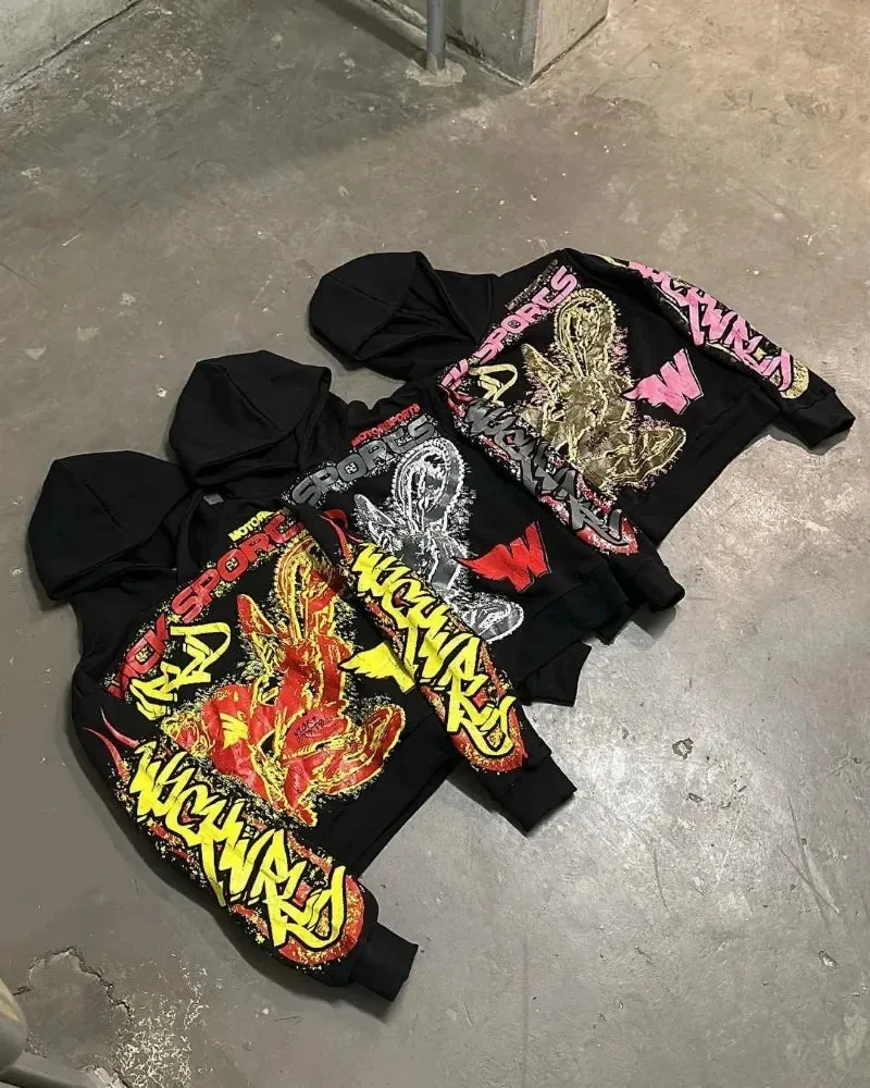 Flytonn-Harajuku Fashion Motorcycle Pattern Letter Print Pullover Hoodie Women 2024 New High Street Hip-Hop Aesthetic Popular Sweatshirt
