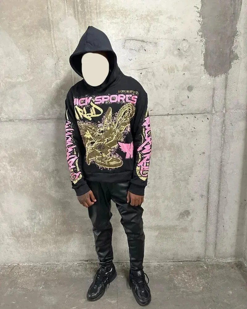 Flytonn-Harajuku Fashion Motorcycle Pattern Letter Print Pullover Hoodie Women 2024 New High Street Hip-Hop Aesthetic Popular Sweatshirt