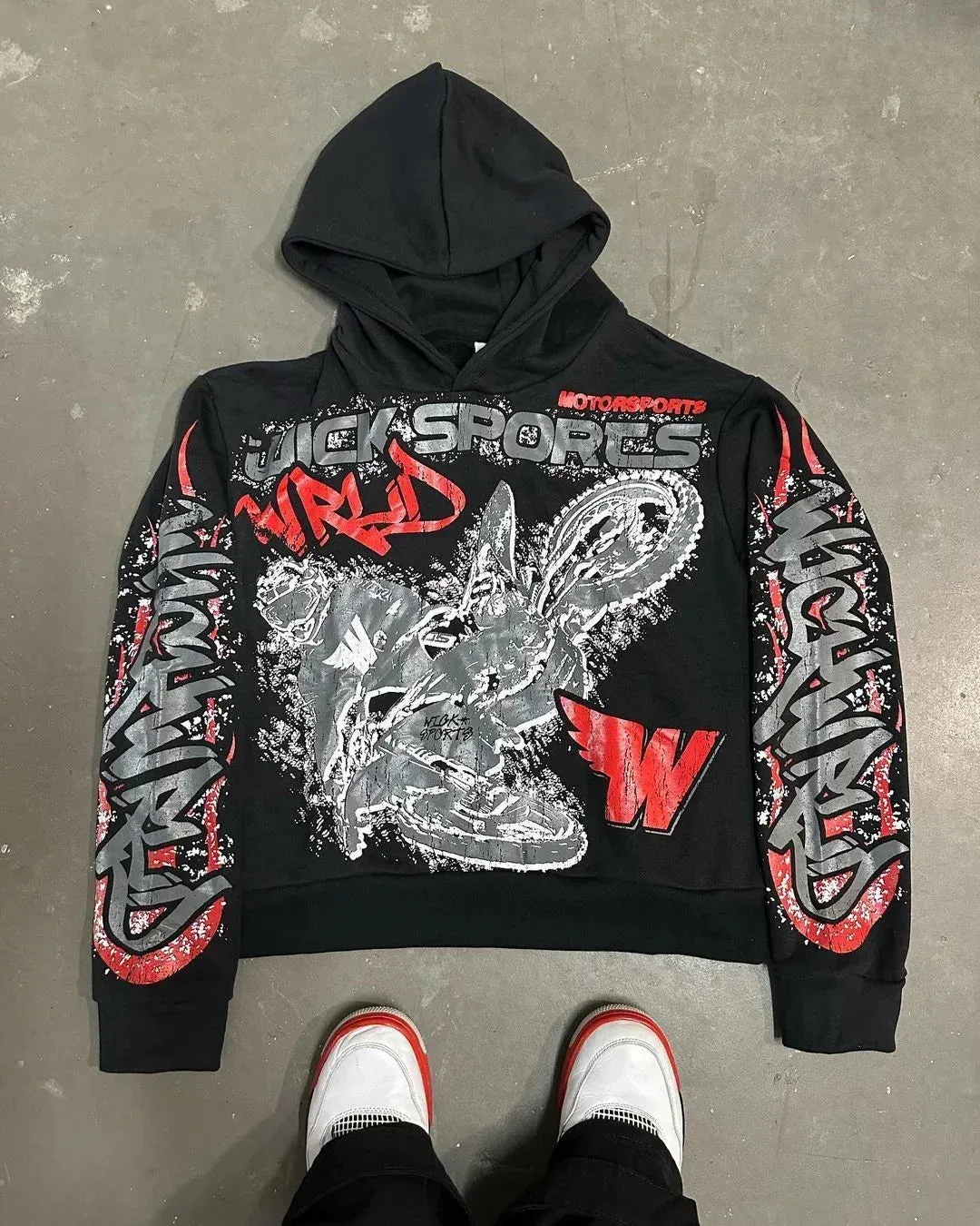 Flytonn-Harajuku Fashion Motorcycle Pattern Letter Print Pullover Hoodie Women 2024 New High Street Hip-Hop Aesthetic Popular Sweatshirt