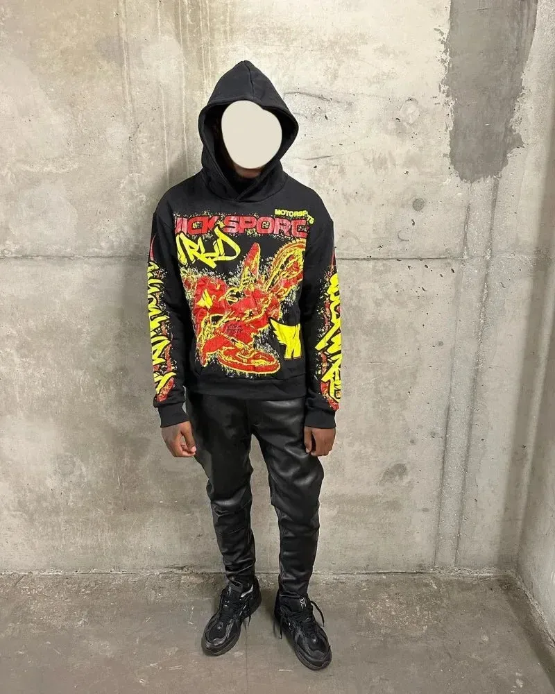 Flytonn-Harajuku Fashion Motorcycle Pattern Letter Print Pullover Hoodie Women 2024 New High Street Hip-Hop Aesthetic Popular Sweatshirt