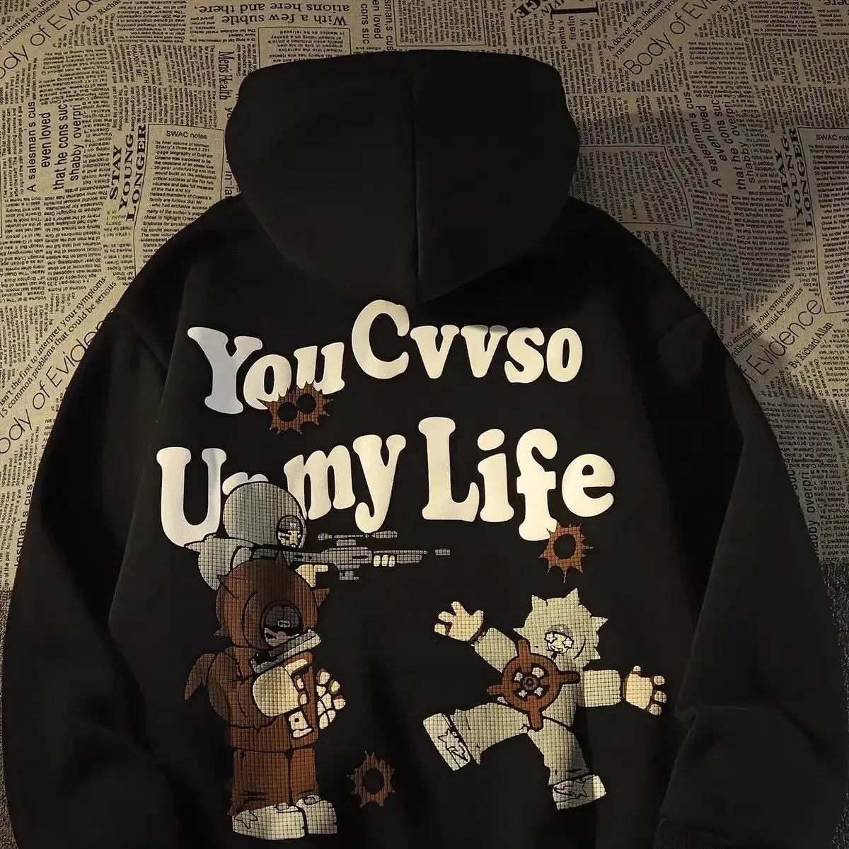 Flytonn-High street hiphop sweater letter anime hoodie American retro men and women couples on streetwear y2k women oversized hoodie
