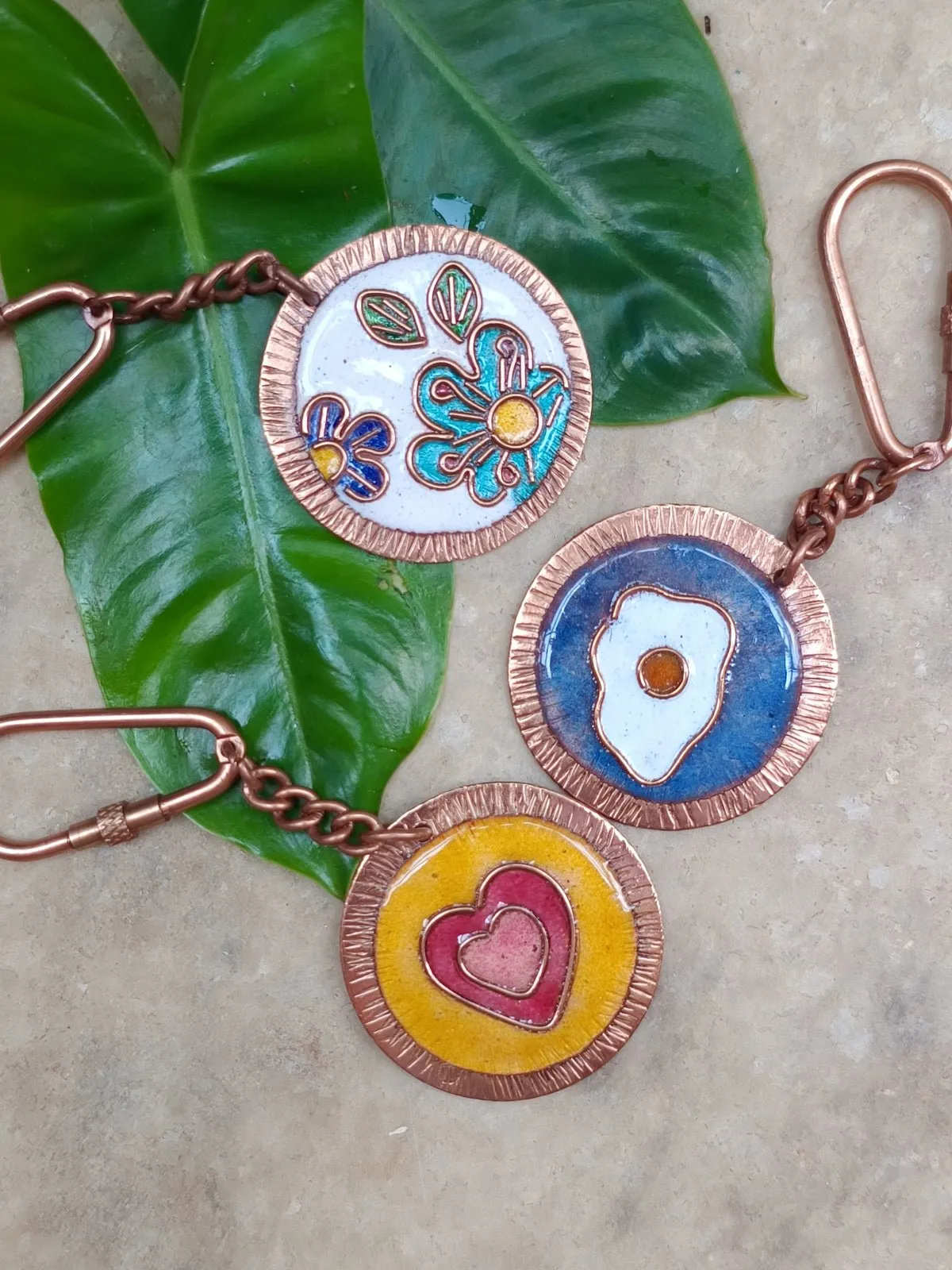 Handcrafted Copper Enamel Keychains (Set of 3) - Flower/Heart/Egg