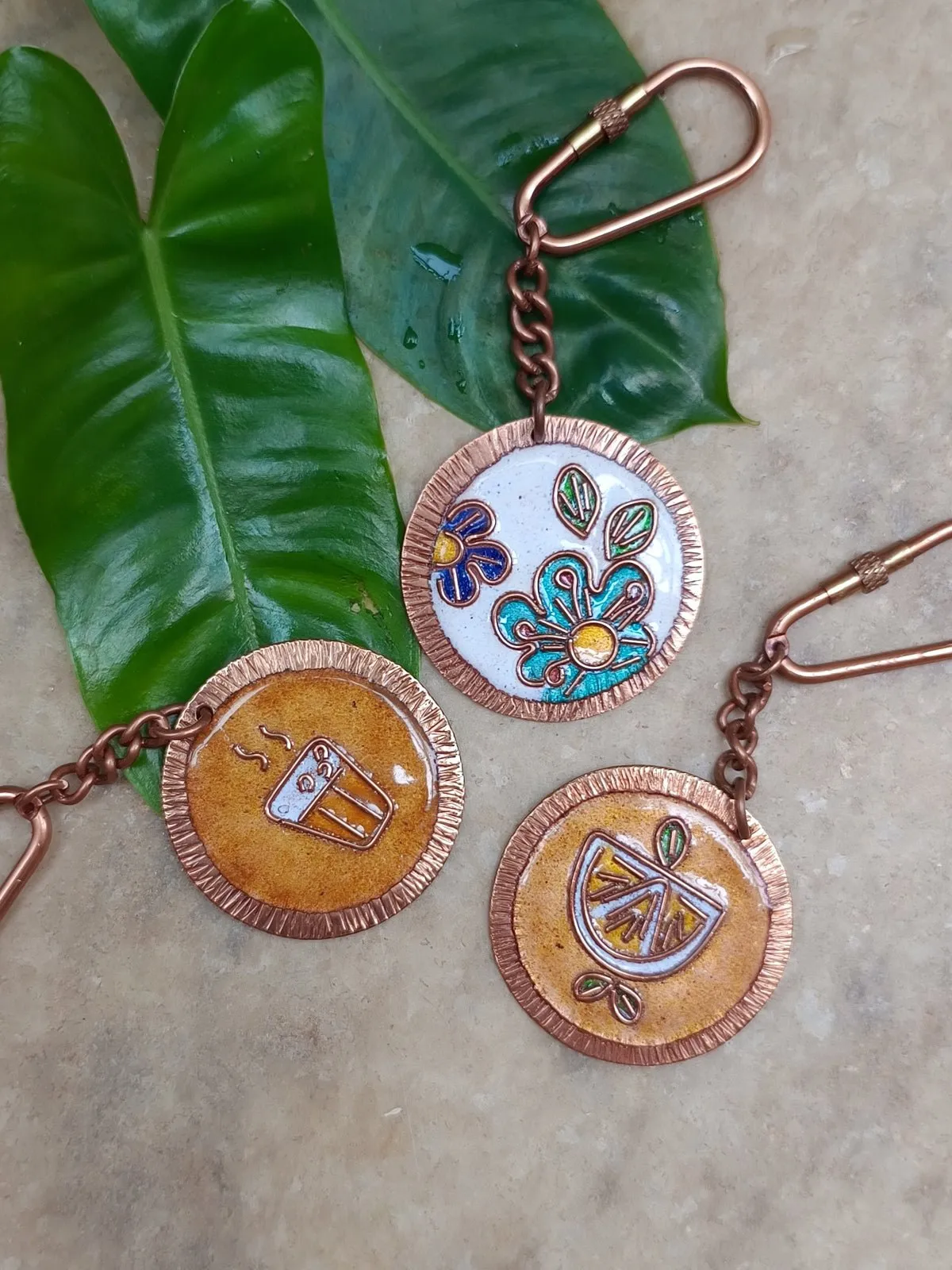 Handcrafted Copper Enamel Keychains (Set of 3) - Lemonade/Flower/Tea