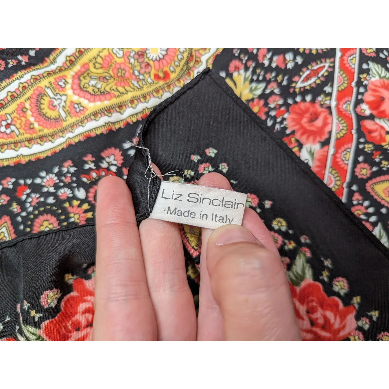 Liz Sinclair Square Pink Orange Black Paisley Scarf 30" x 29" Polyester  Italy