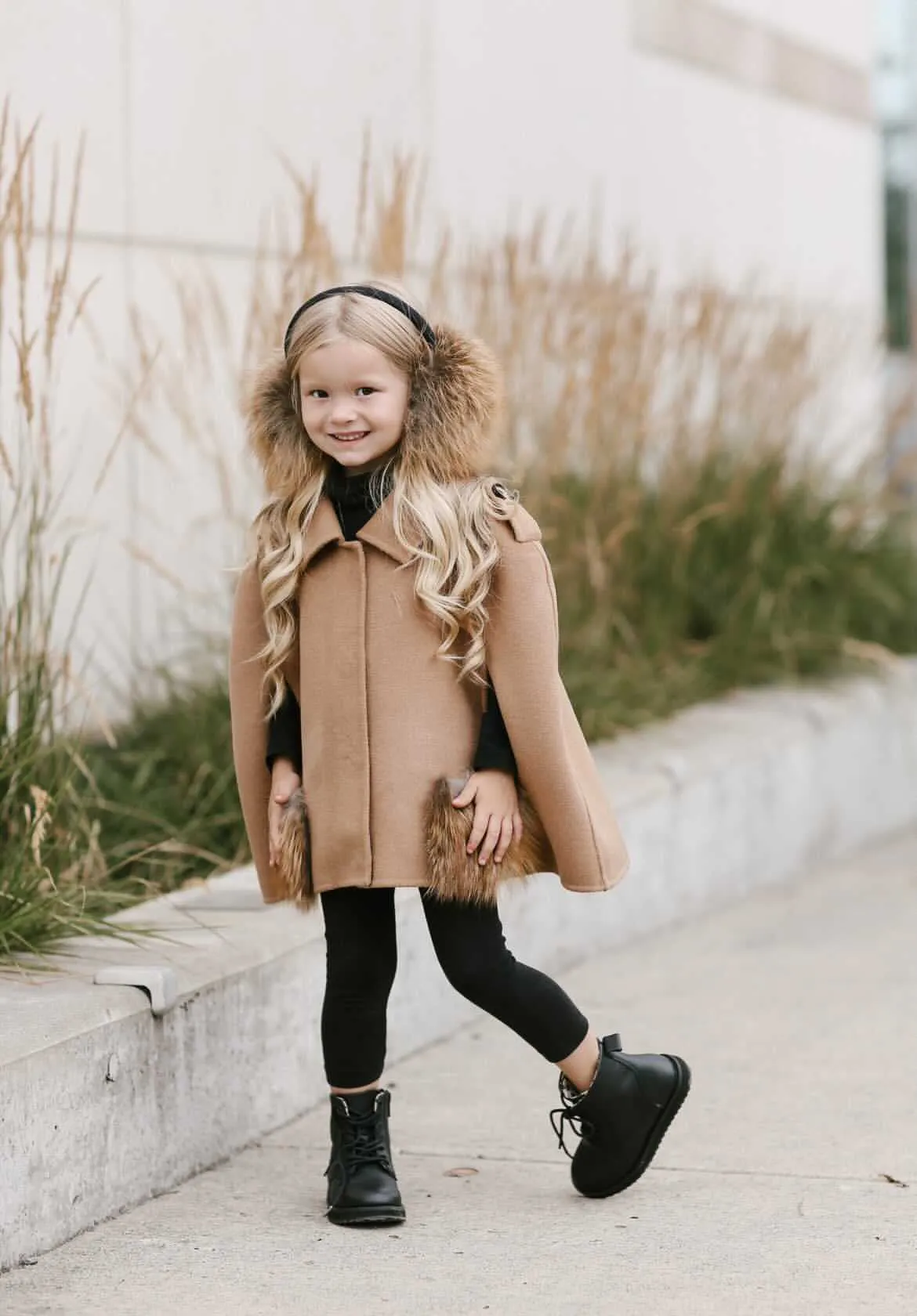 MI LOVES SIGNATURE Cashmere kids cape with Luxurious Natural Fox fur pockets.