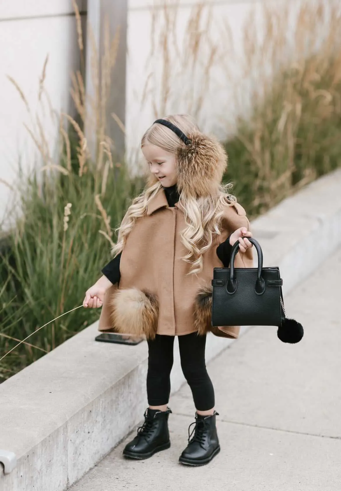 MI LOVES SIGNATURE Cashmere kids cape with Luxurious Natural Fox fur pockets.