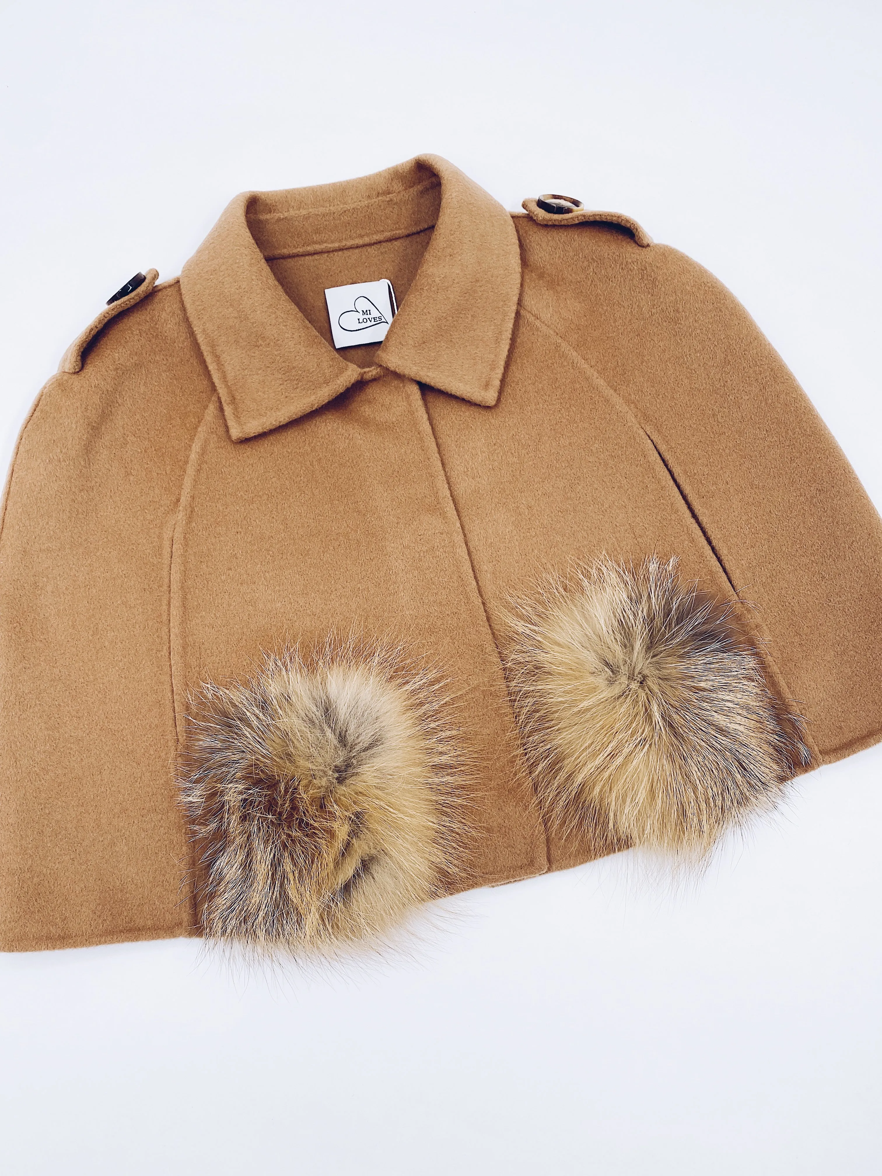 MI LOVES SIGNATURE Cashmere kids cape with Luxurious Natural Fox fur pockets.