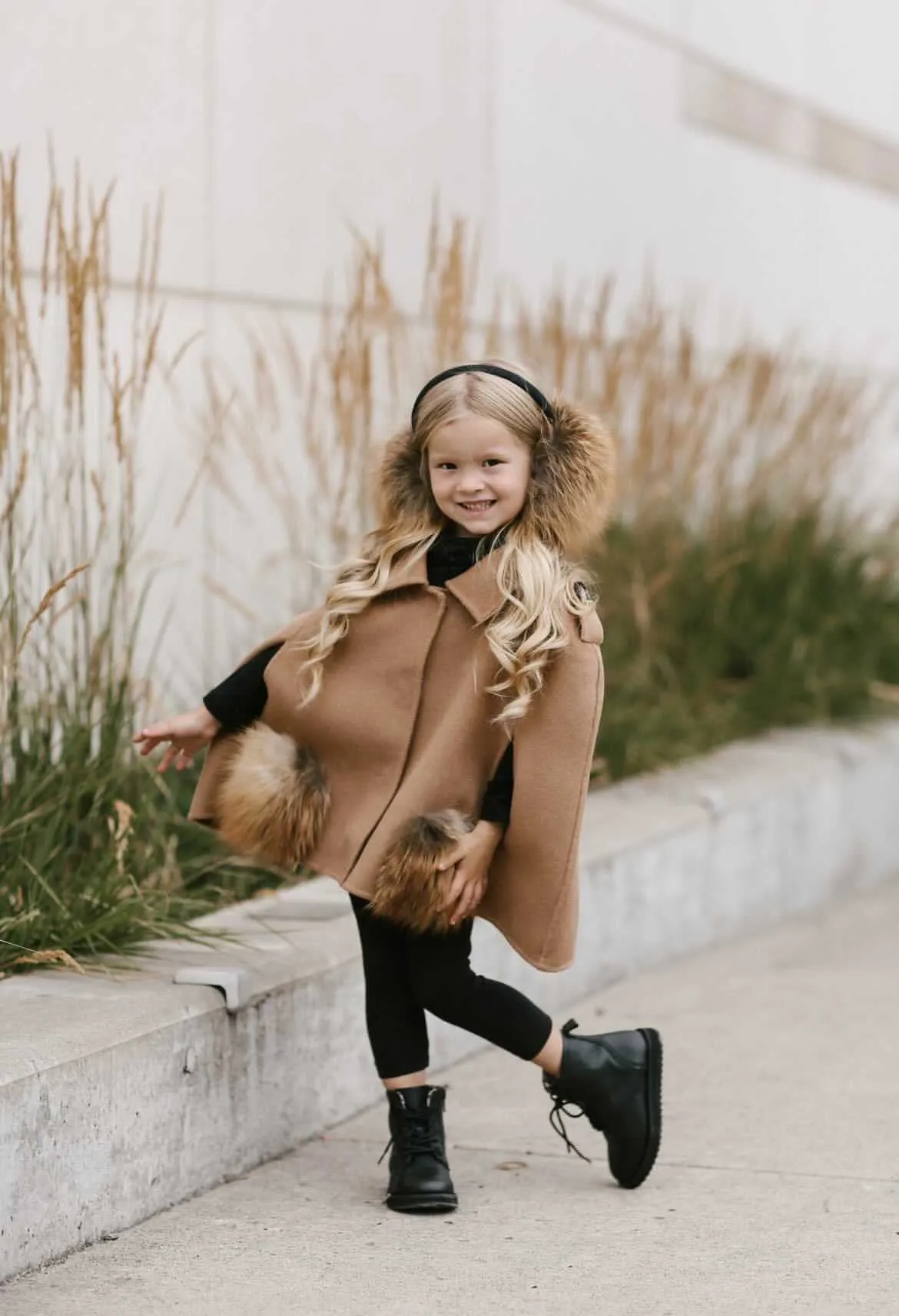 MI LOVES SIGNATURE Cashmere kids cape with Luxurious Natural Fox fur pockets.