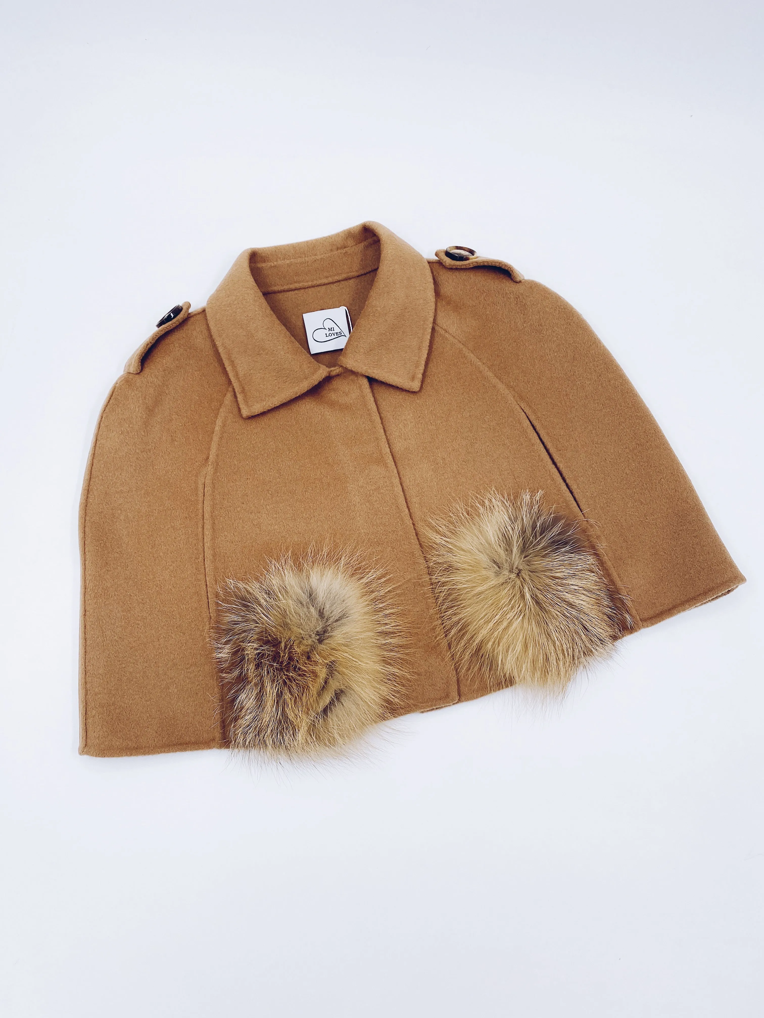 MI LOVES SIGNATURE Cashmere kids cape with Luxurious Natural Fox fur pockets.