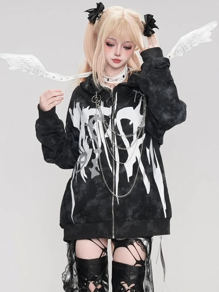 Punk Black Letters Print Chain Zip Hoodie