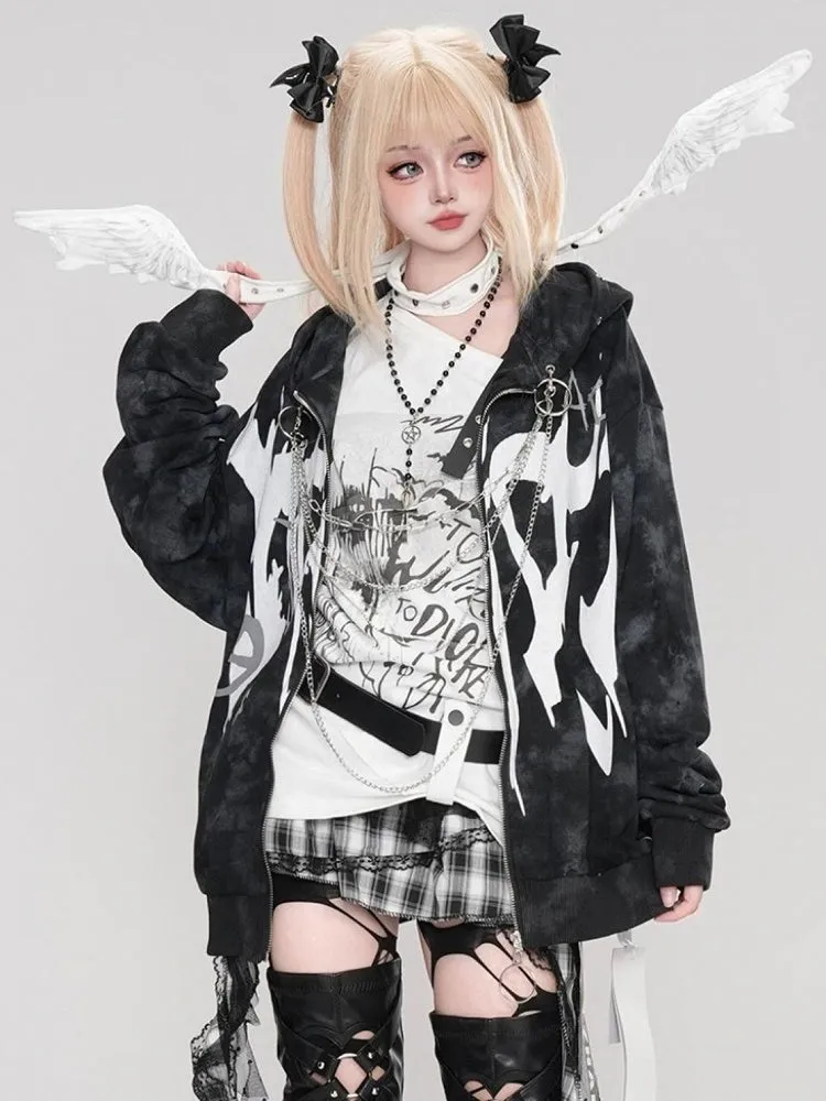 Punk Black Letters Print Chain Zip Hoodie