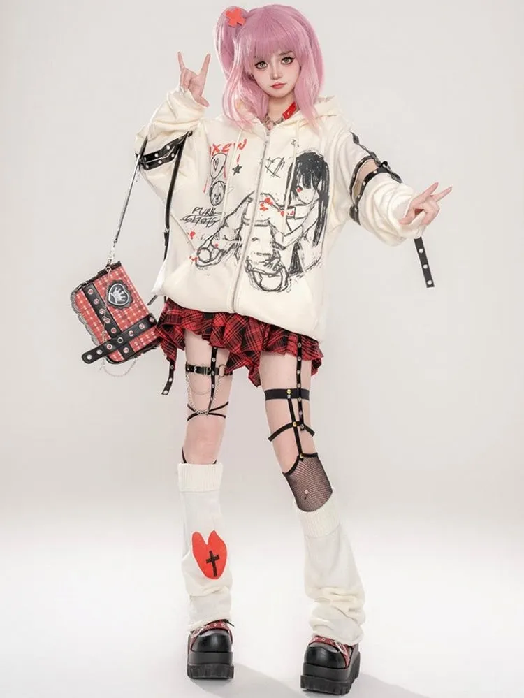 Punk Black/Beige Comic Girl Cutout Sleeves Zip Hoodie
