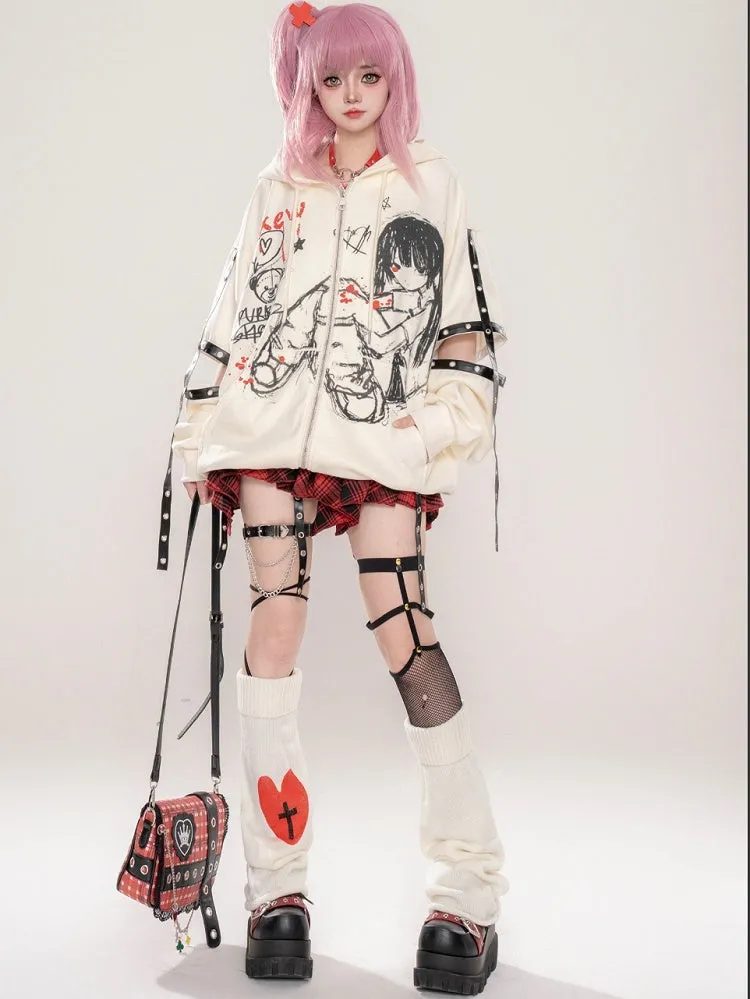 Punk Black/Beige Comic Girl Cutout Sleeves Zip Hoodie