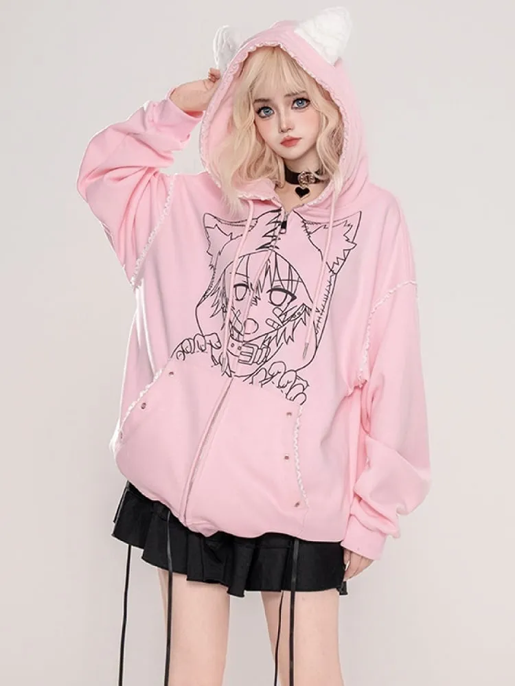 Punk Black/Pink Anime Girl Print Cat Ears Zip Hoodie