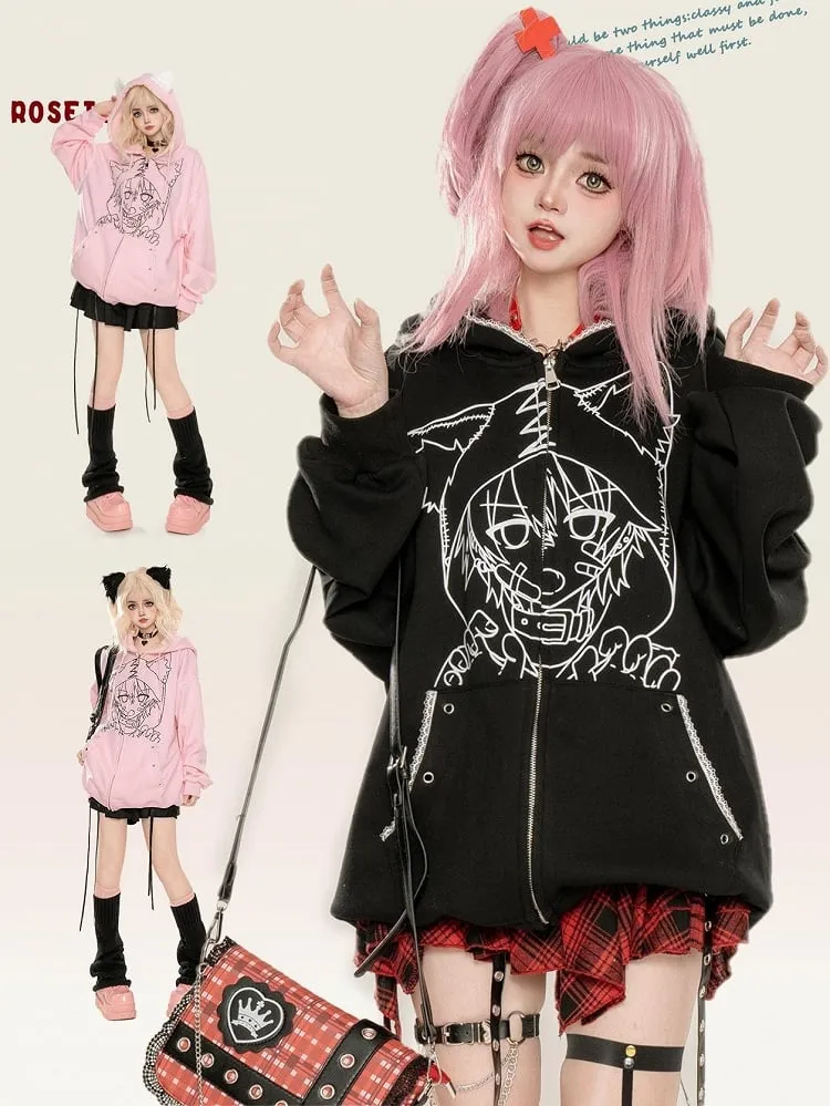 Punk Black/Pink Anime Girl Print Cat Ears Zip Hoodie