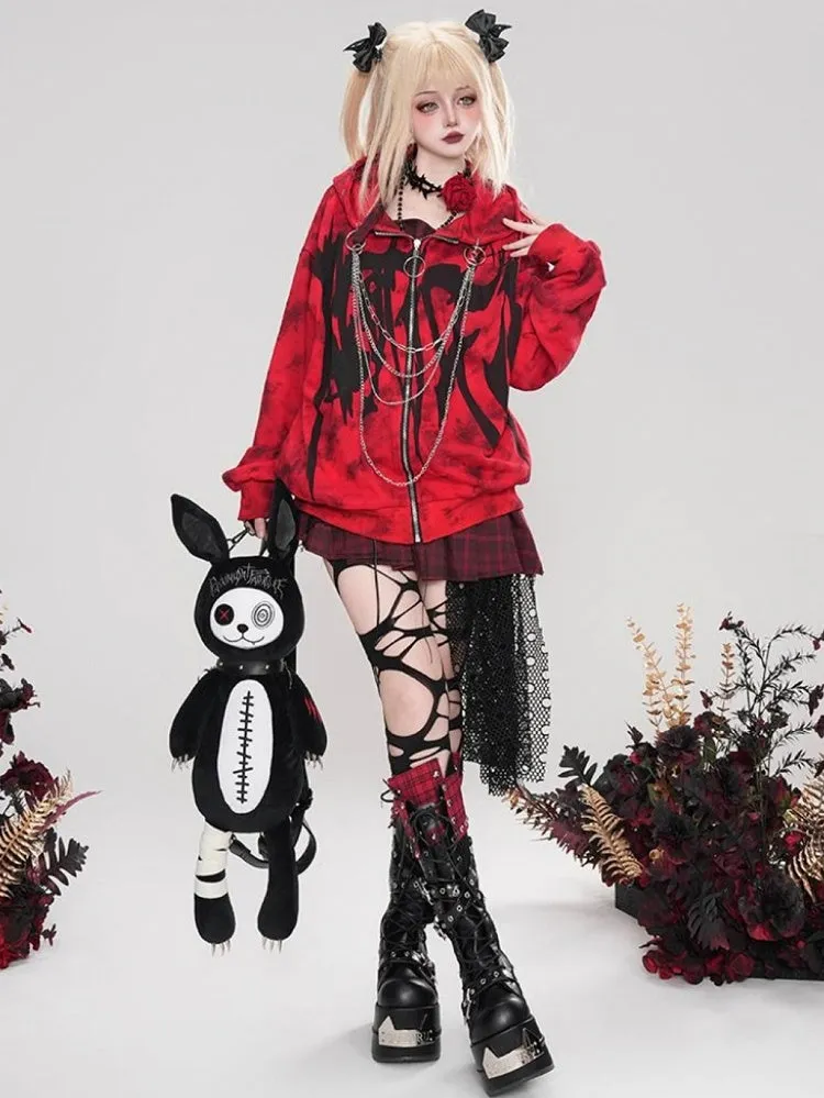 Punk Red Letters Chain Design Zip Hoodie