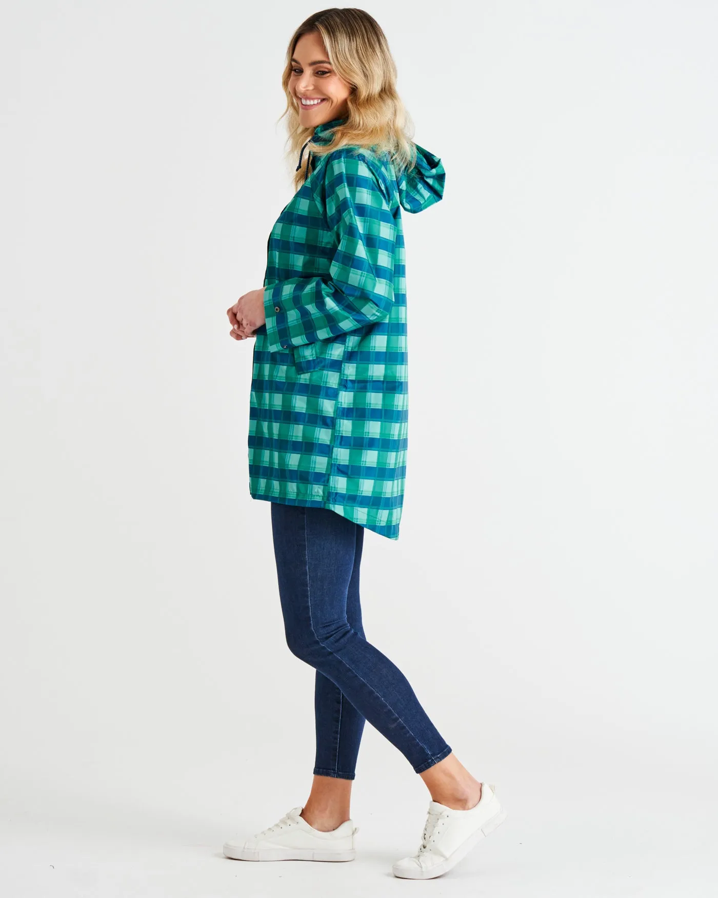 Rosie Relaxed Waterproof Raincoat - Green/Blue Tartan