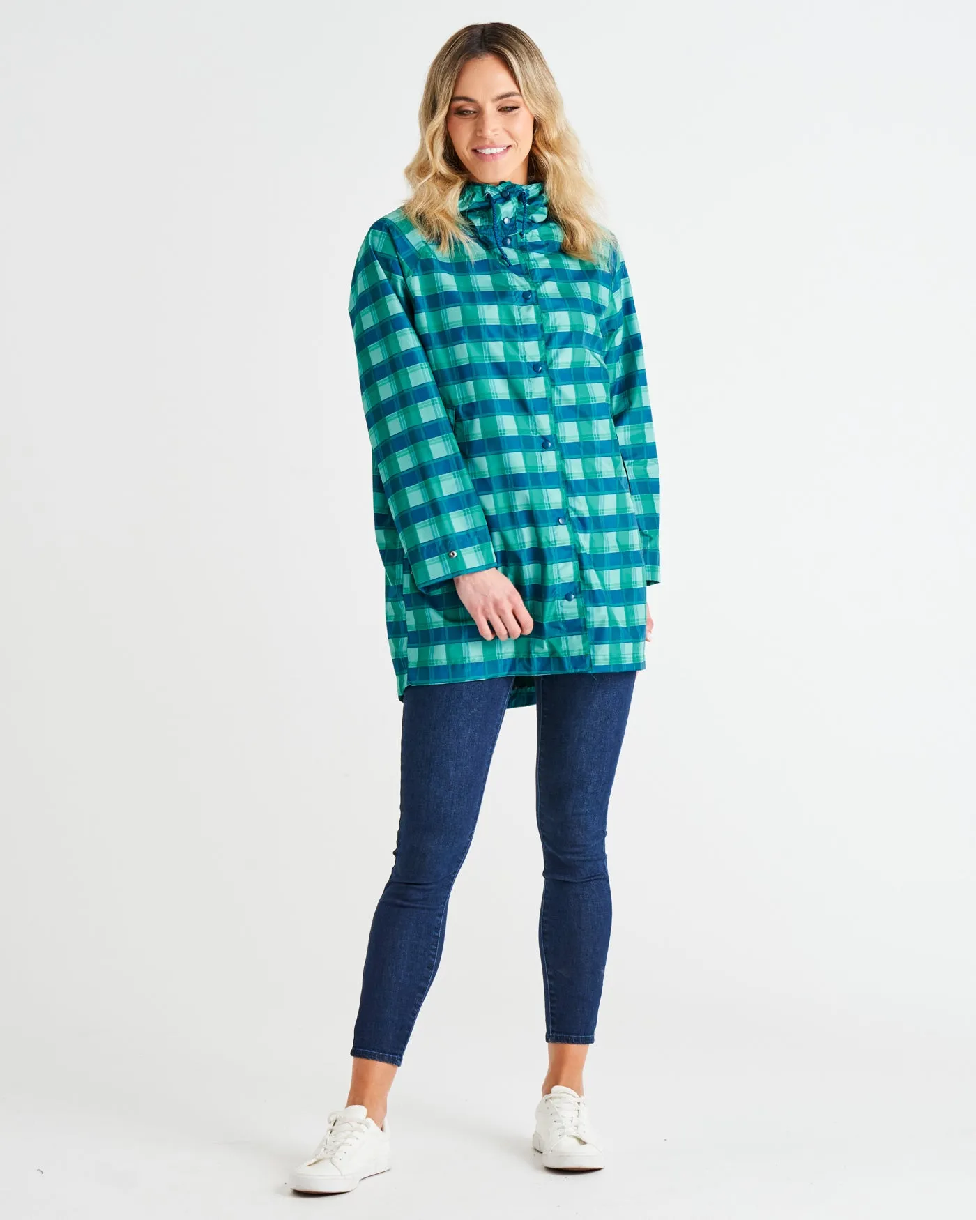 Rosie Relaxed Waterproof Raincoat - Green/Blue Tartan