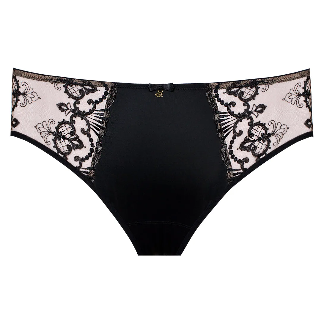 Sheer Mesh Tulle Embroidered Brief Panty Perla Black