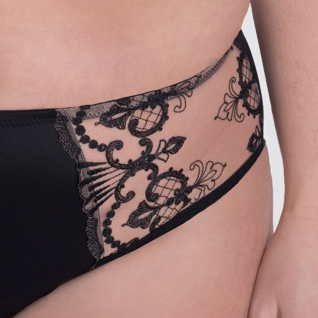 Sheer Mesh Tulle Embroidered Brief Panty Perla Black
