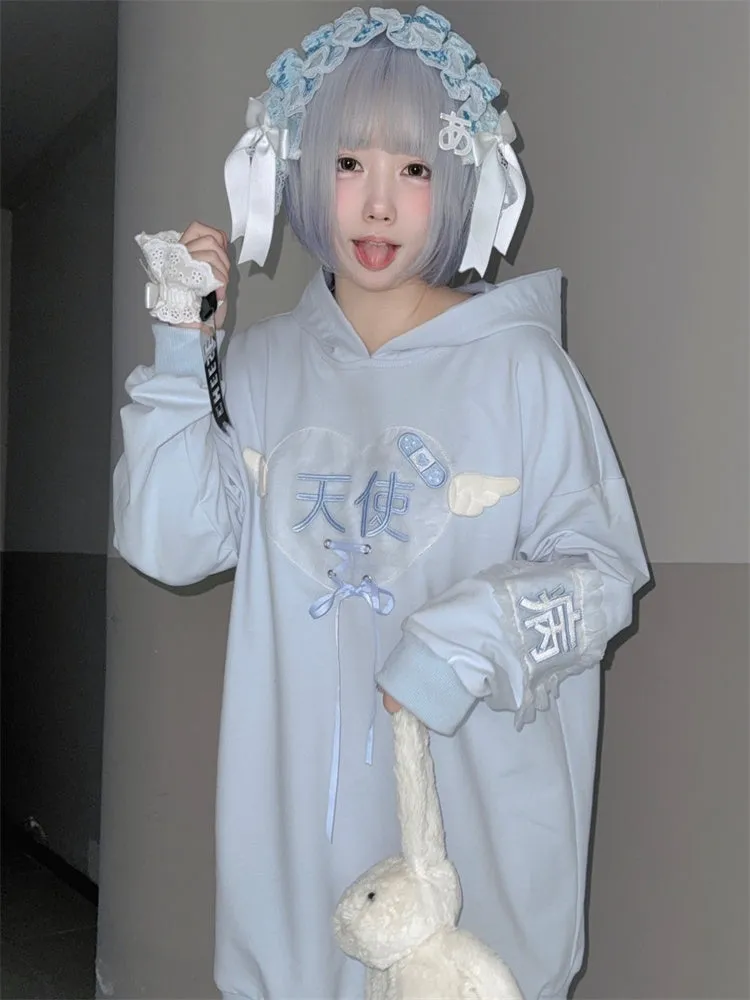 Tenshi Kaiwai Light Blue Characters Lace-up Detail Yami Kawaii Hoodie