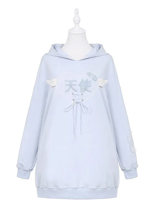 Tenshi Kaiwai Light Blue Characters Lace-up Detail Yami Kawaii Hoodie