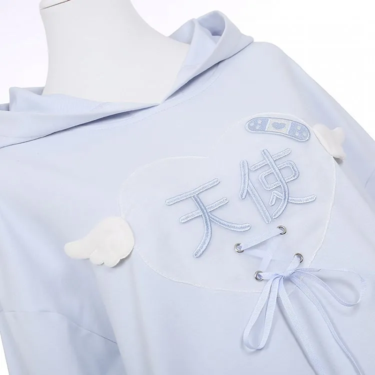 Tenshi Kaiwai Light Blue Characters Lace-up Detail Yami Kawaii Hoodie
