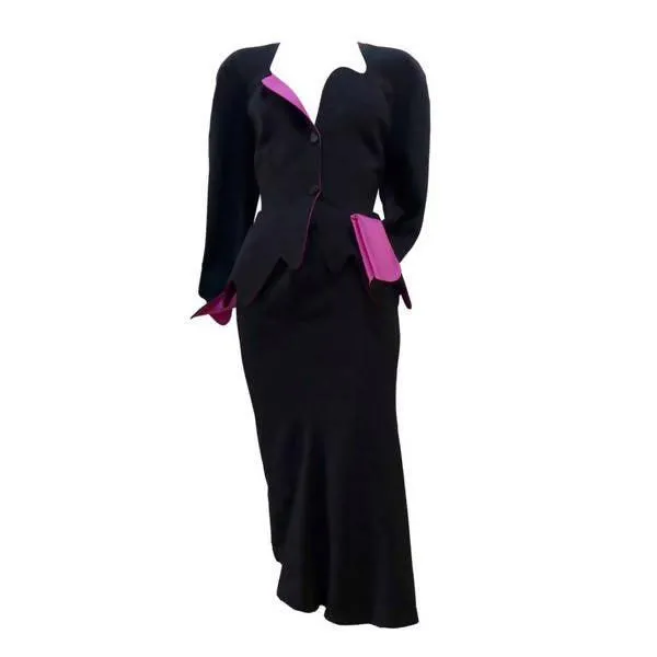 THIERRY MUGLER Black and Pink Skirt Suit Set | Size 40