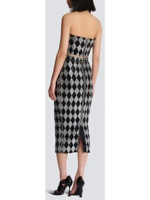 Women’s Black and Silver Diamond Rhinestone Halterneck Top and Midi Skirt Set