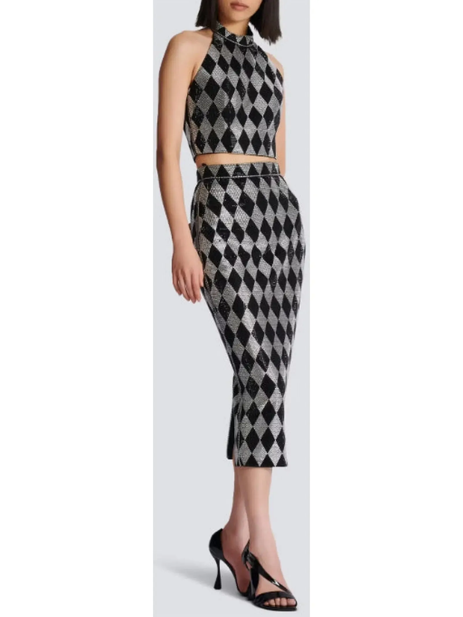 Women’s Black and Silver Diamond Rhinestone Halterneck Top and Midi Skirt Set