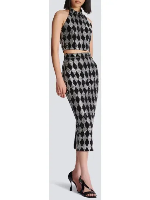 Women’s Black and Silver Diamond Rhinestone Halterneck Top and Midi Skirt Set