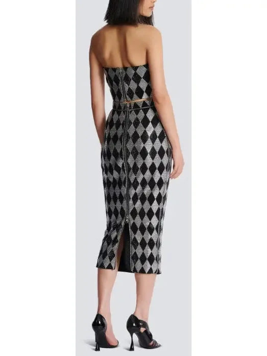 Women’s Black and Silver Diamond Rhinestone Halterneck Top and Midi Skirt Set