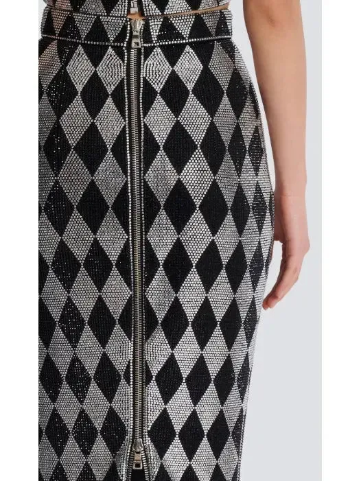 Women’s Black and Silver Diamond Rhinestone Halterneck Top and Midi Skirt Set