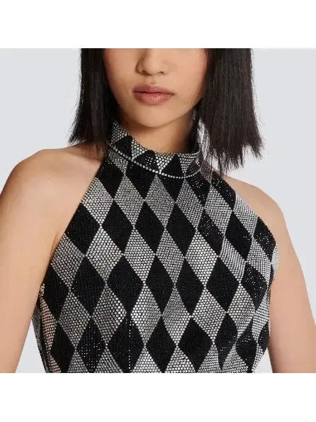 Women’s Black and Silver Diamond Rhinestone Halterneck Top and Midi Skirt Set